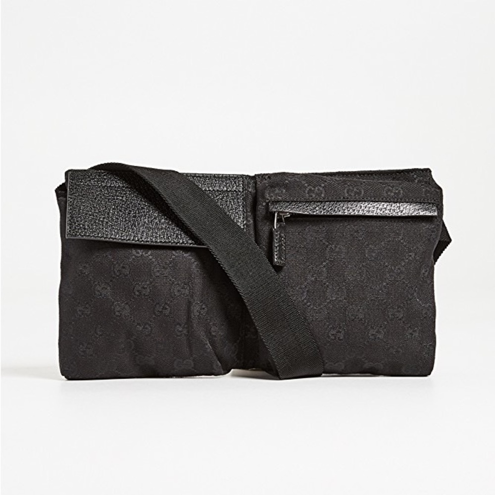 Gucci Monogram Canvas Double Belt Waist Bag Black